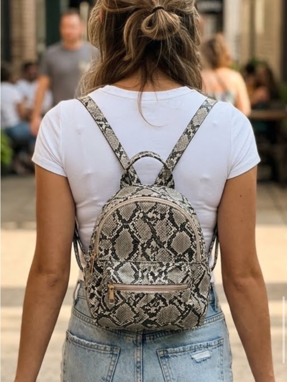 Snake-Print Mini Backpack - Neutral Tones